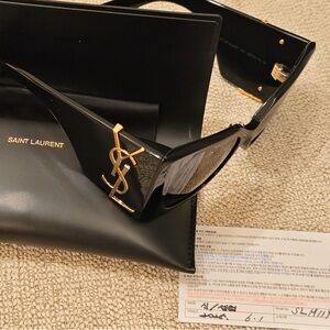 Saint Laurent Glossy Black Sunglasses with Gold Accent